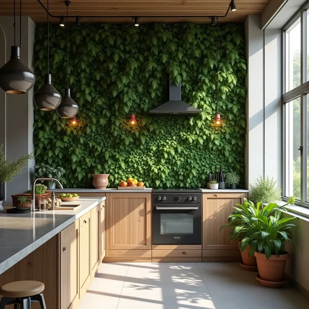 a photo of a kitchen with a green wall of climbing plants