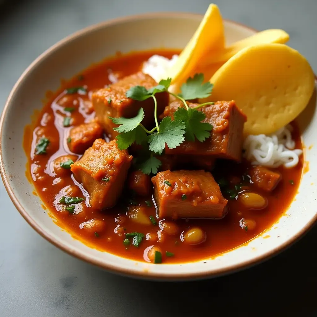 a photo of Goan pork vindaloo served with sannas.