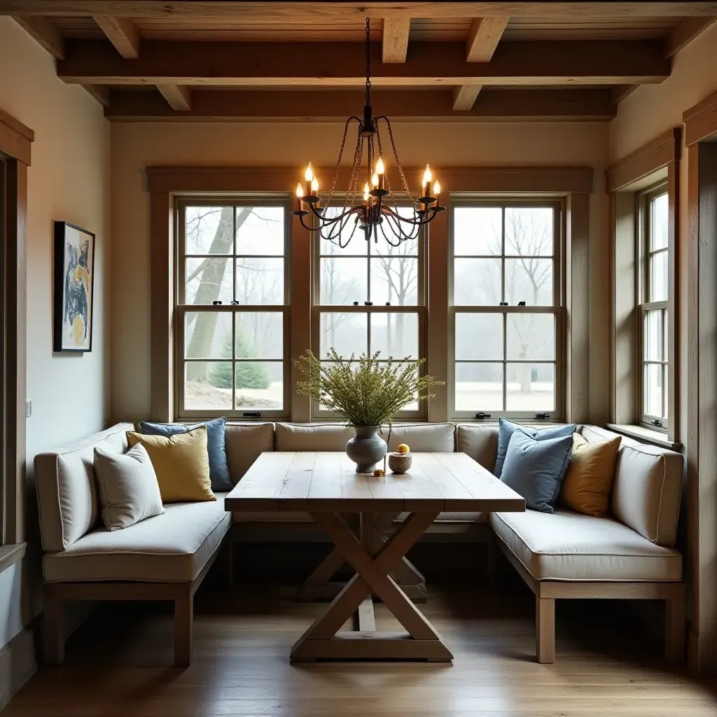 a photo of a rustic breakfast nook with a farmhouse table and hanging lights