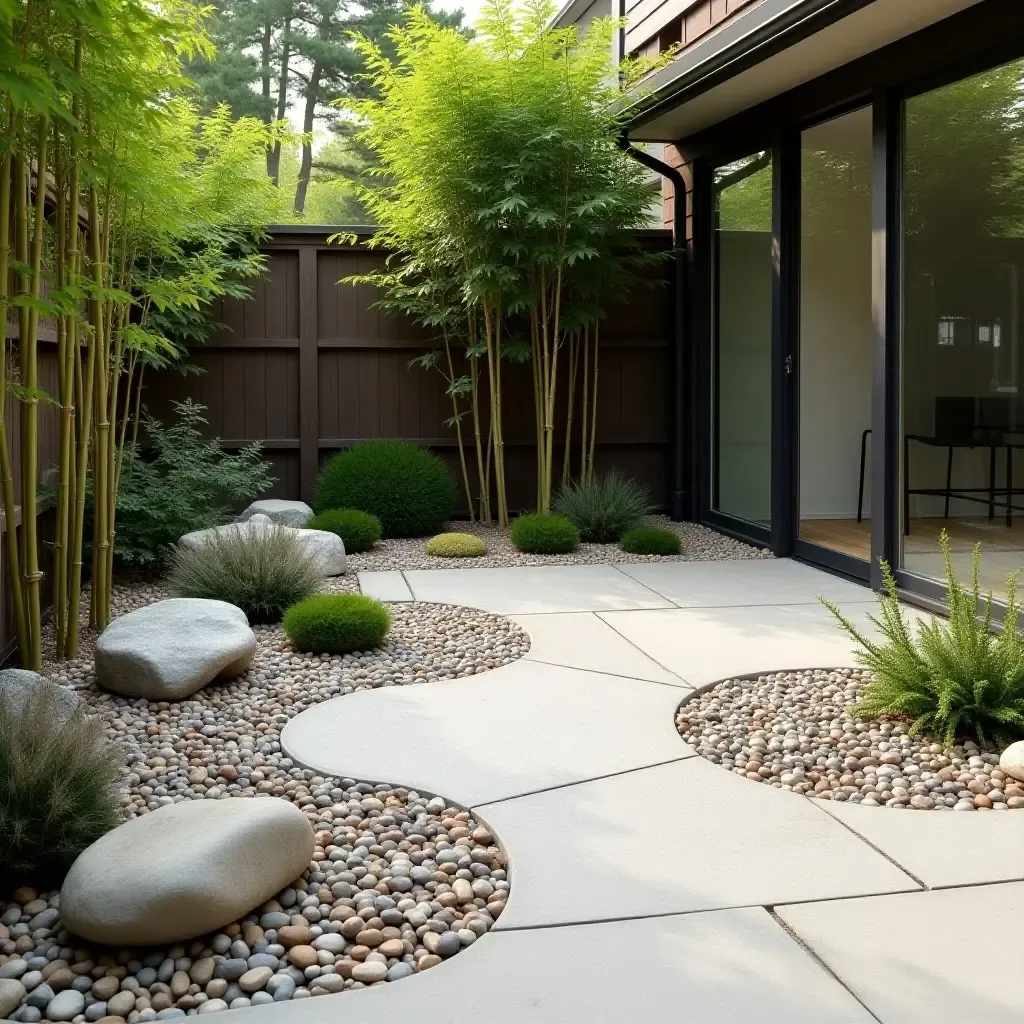 a photo of a concrete patio transformed into a zen garden with pebbles and bamboo