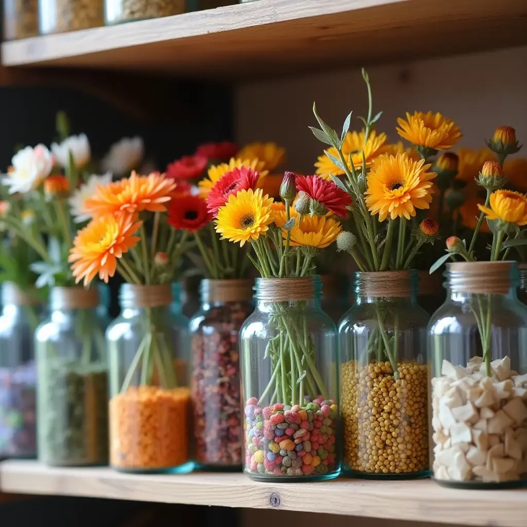 a photo of a collection of dried flowers in glass jars on a shelf