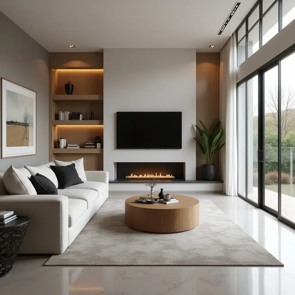 a photo of a modern living room featuring a sectional sofa and a sleek fireplace