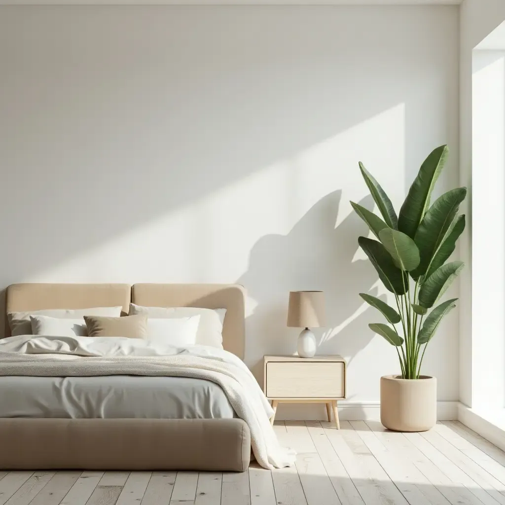 a photo of a minimalist bedroom with a single large plant