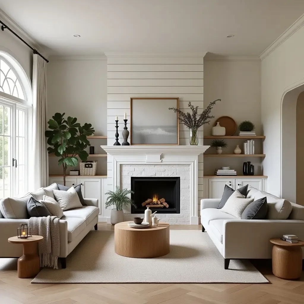 a photo of a farmhouse-style living room with a shiplap accent wall and cozy decor