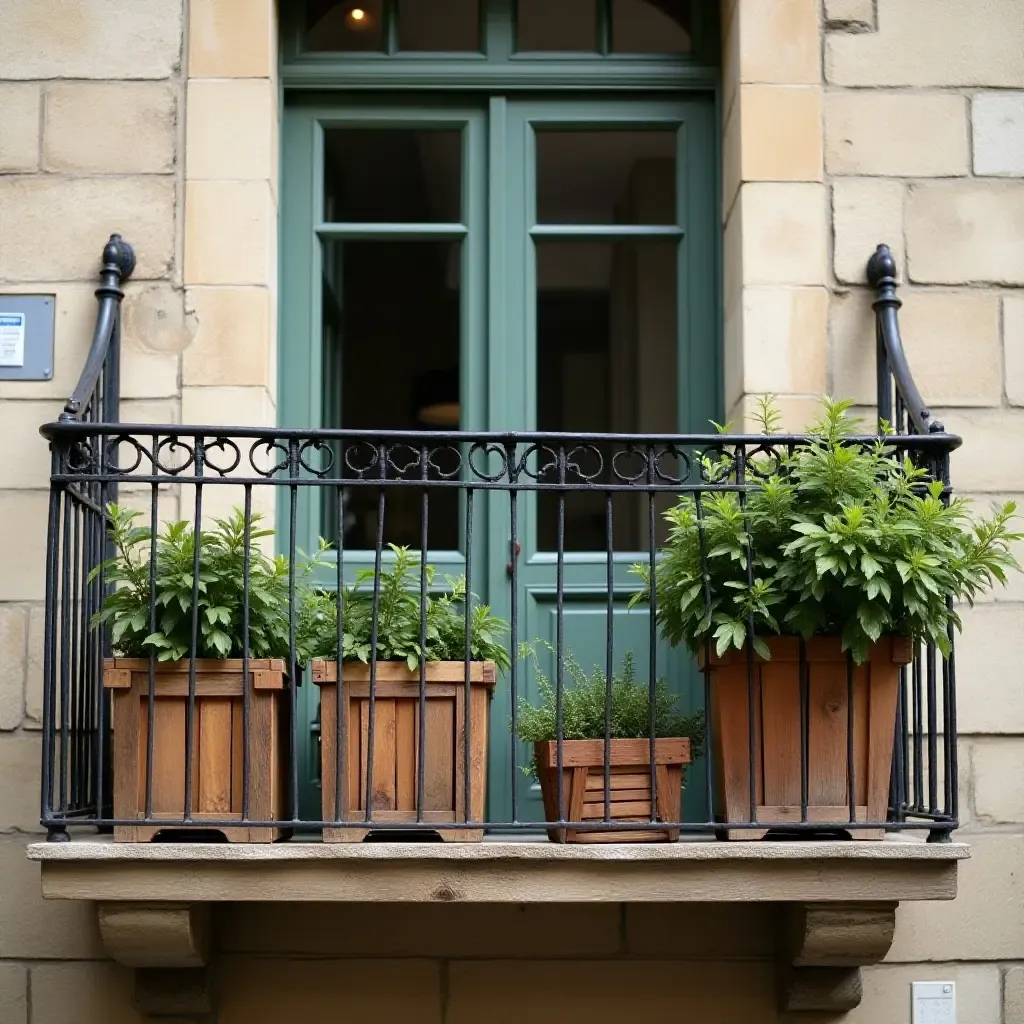 a photo of a balcony adorned with rustic wooden crates and plants