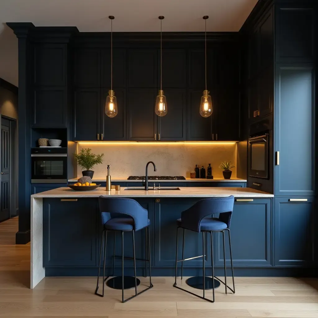 a photo of a rich navy and gold kitchen with elegant lighting