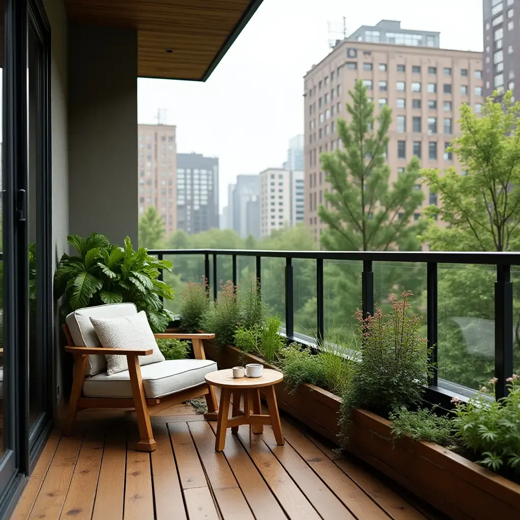 a photo of a balcony with a compact workspace and greenery