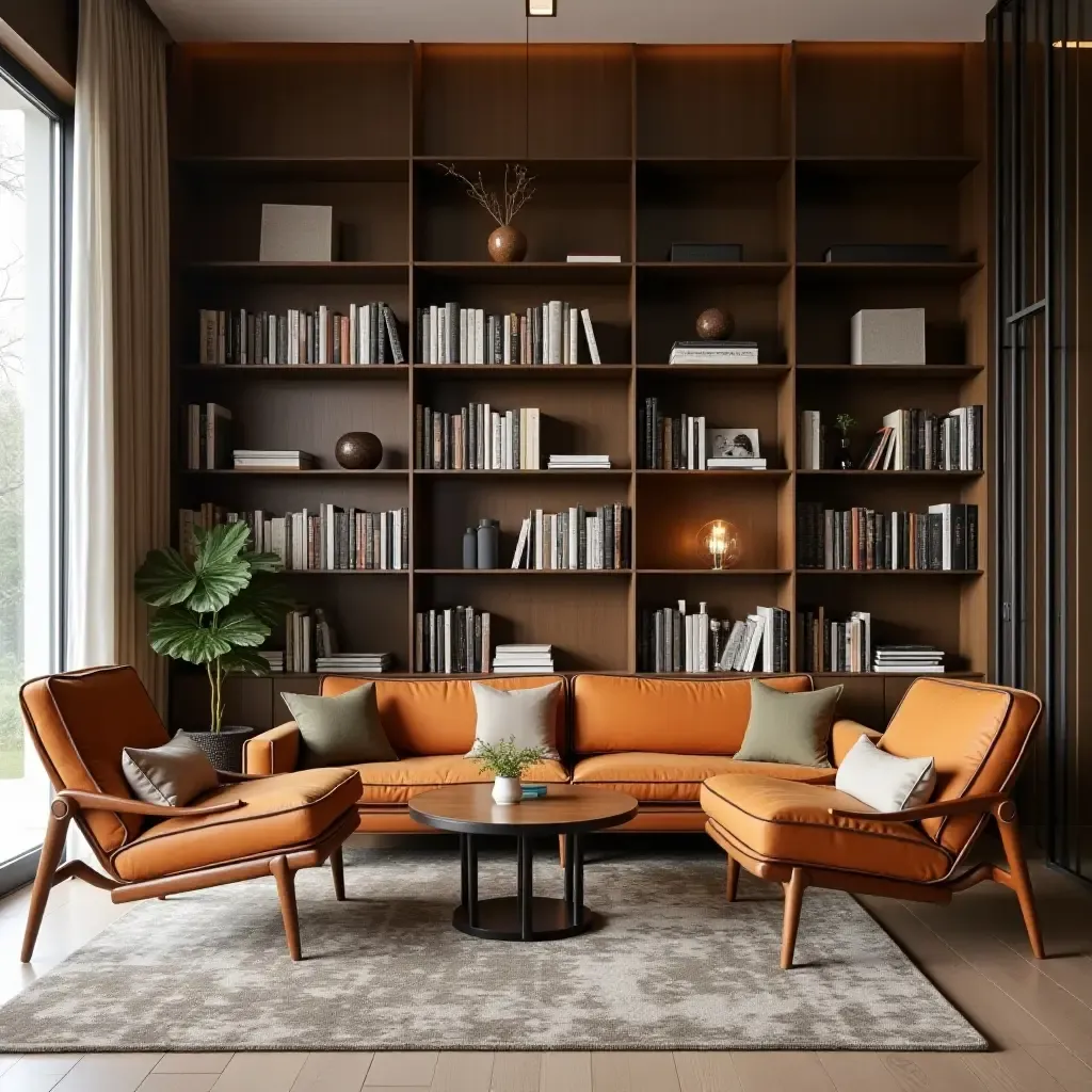 a photo of a chic library with retro furniture pieces and sleek modern shelving