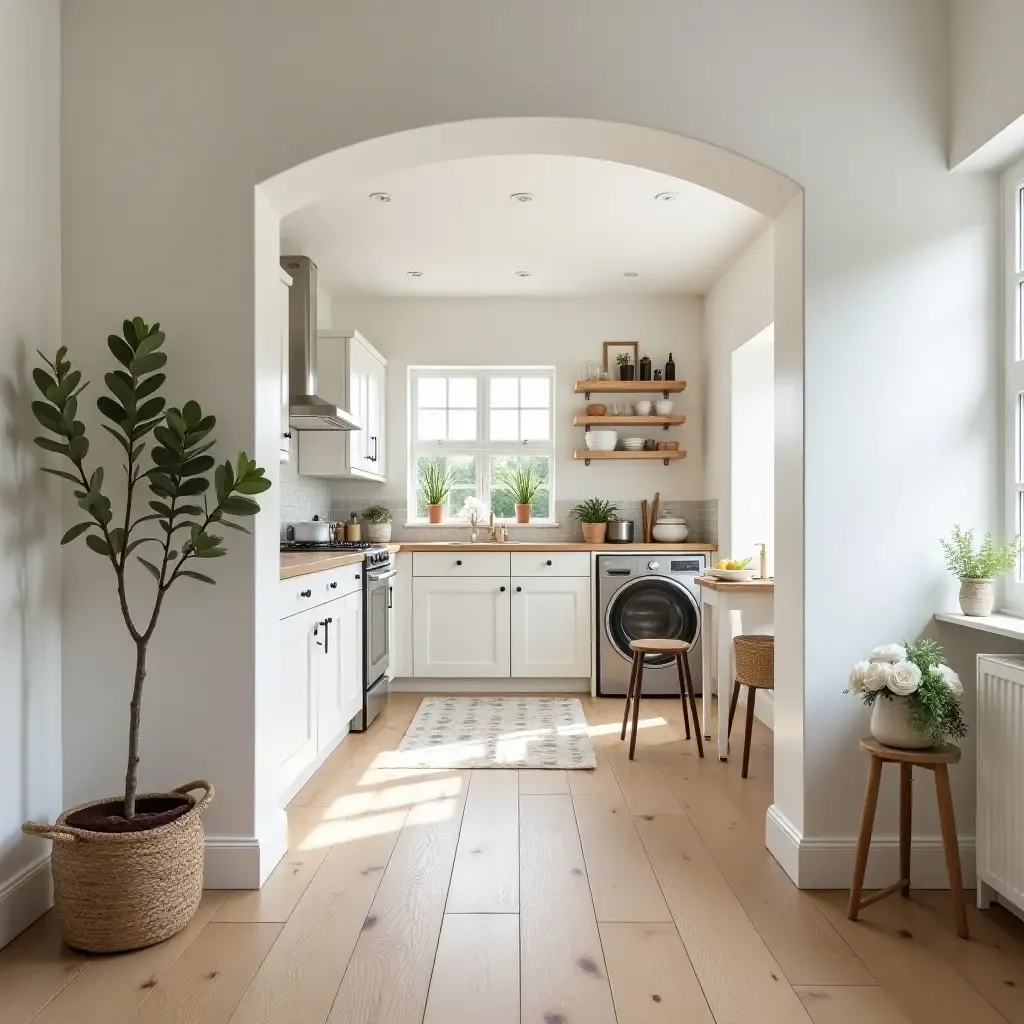 a photo of a farmhouse kitchen with a welcoming entryway and decor