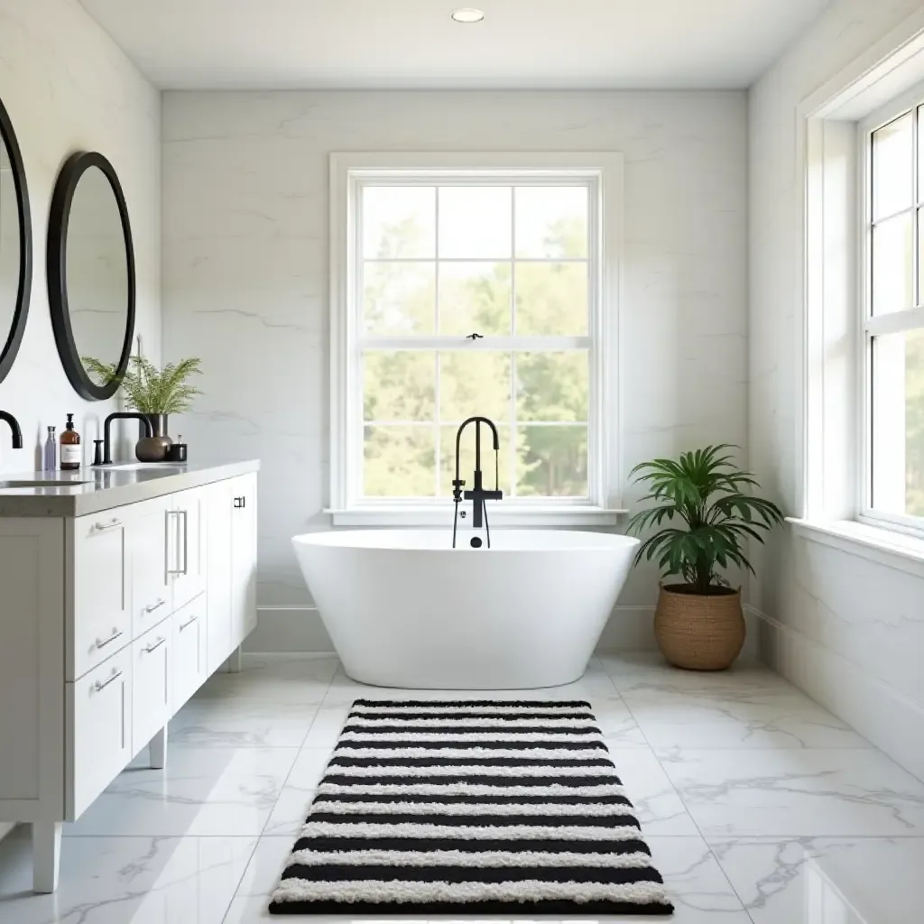 a photo of a chic black and white striped rug in a sleek bathroom