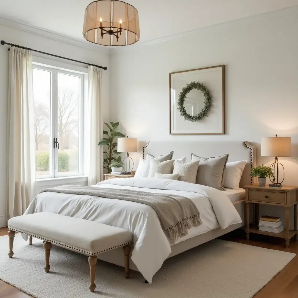 a photo of a peaceful bedroom with farmhouse decor and a large, comfy bed