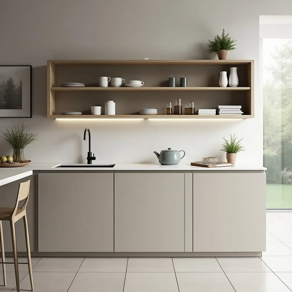 a photo of a modern kitchen with sleek open shelves and minimalist decor