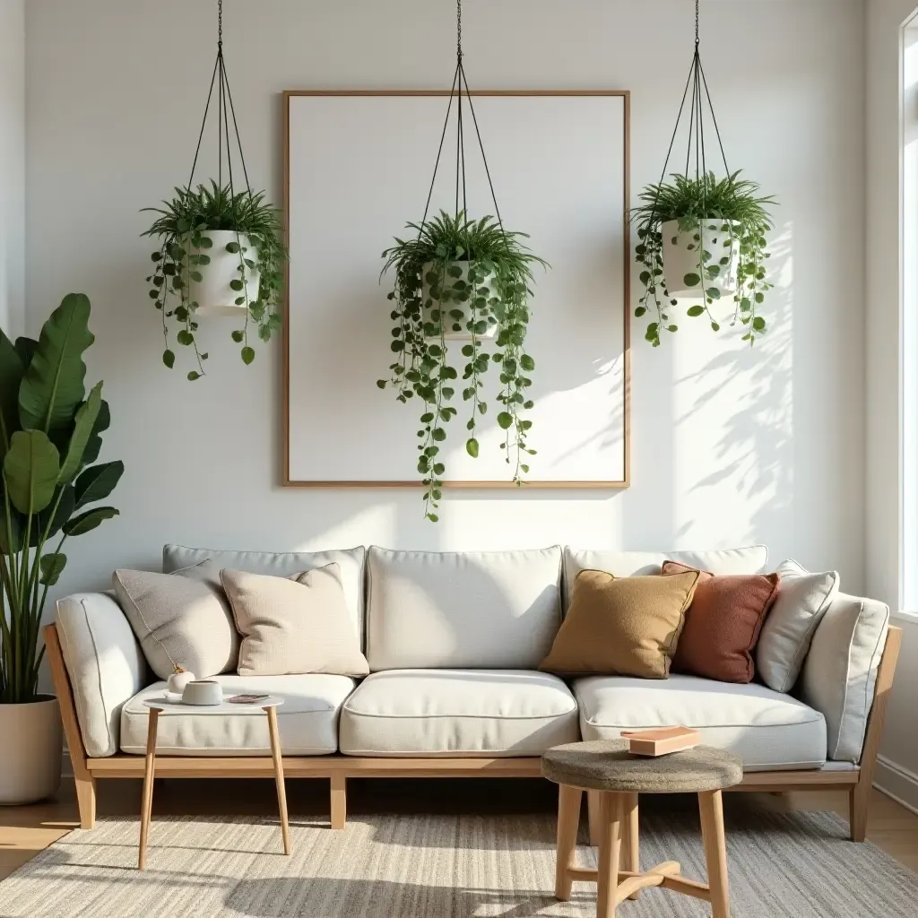 a photo of a stylish living room with hanging plants