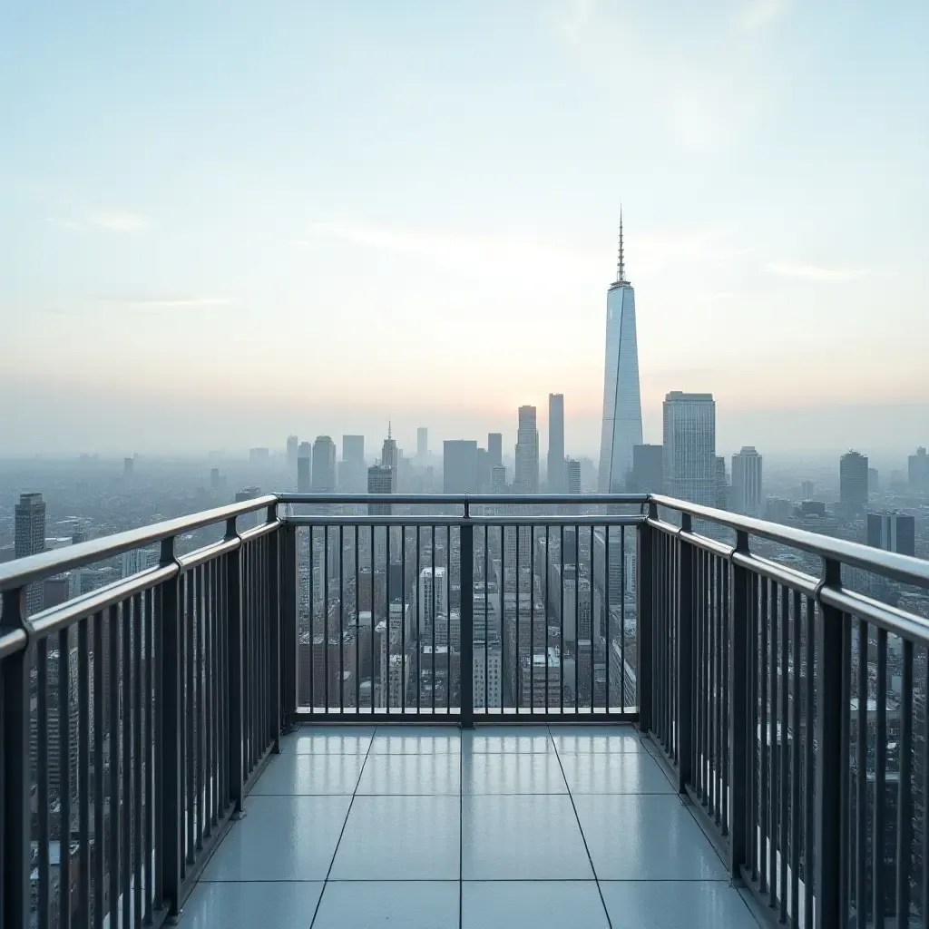 a photo of a rooftop balcony with metallic railings and city skyline