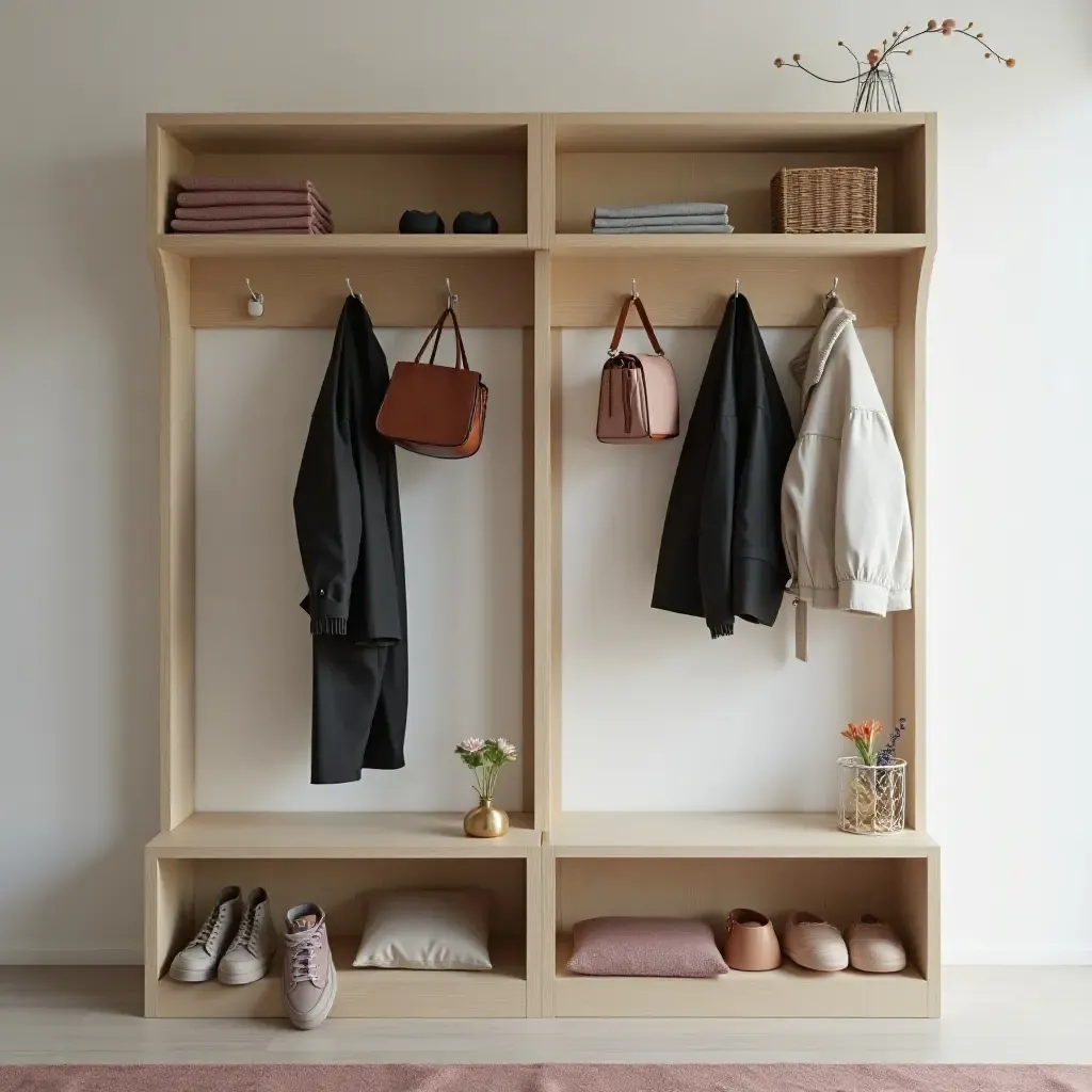 a photo of a functional corridor shelving with hooks for bags and coats