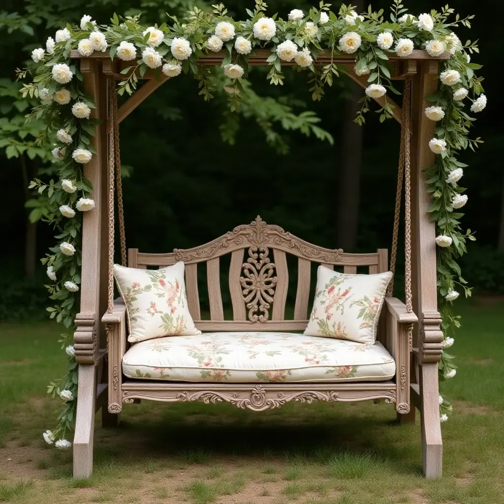 a photo of a vintage swing chair with elegant outdoor decor