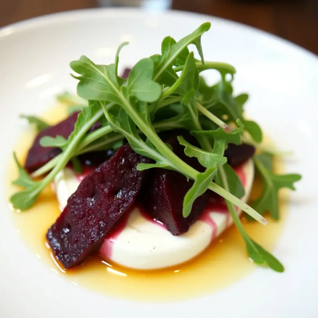 a photo of goat cheese with roasted beets and arugula on a white plate.