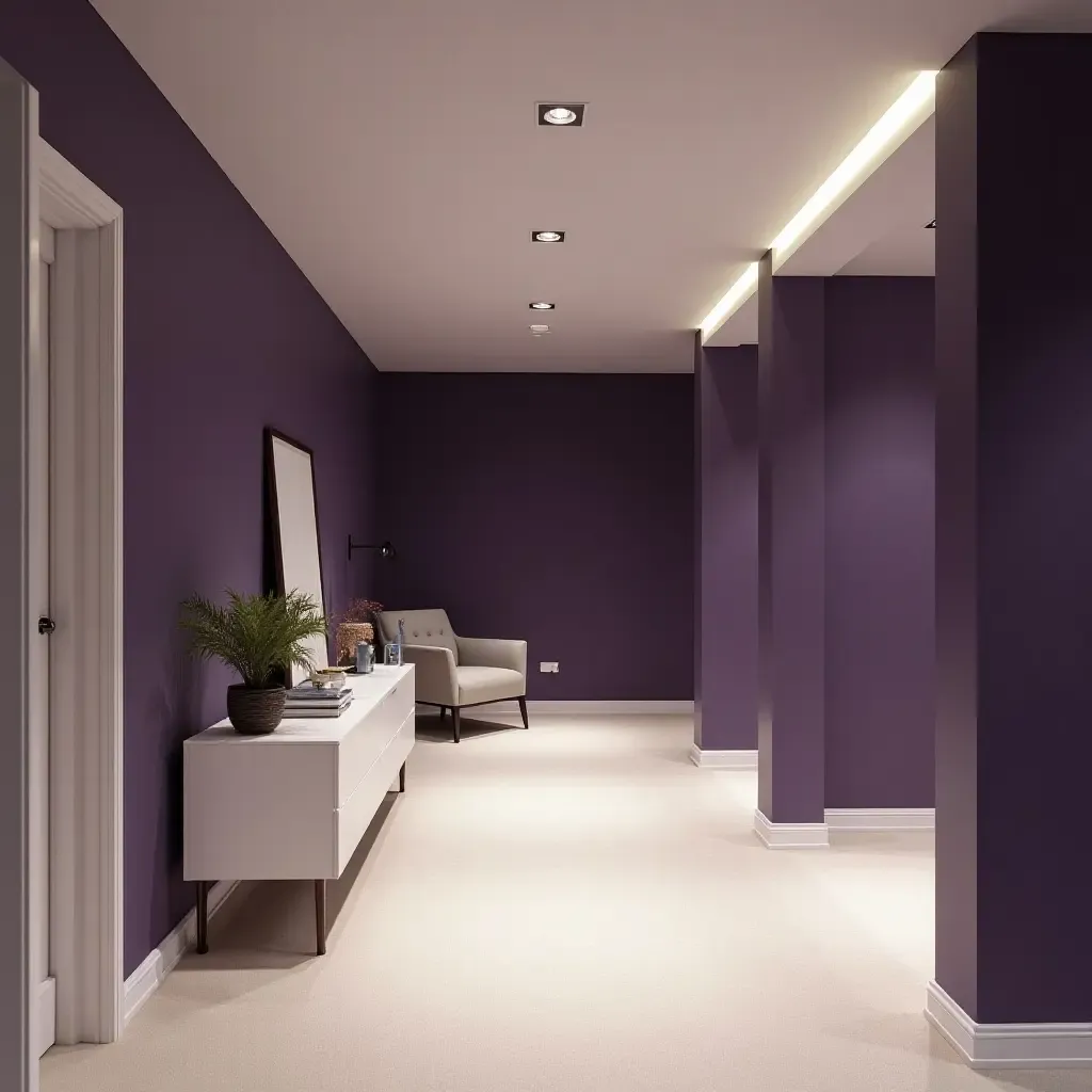 a photo of a stylish basement in deep purple and soft white