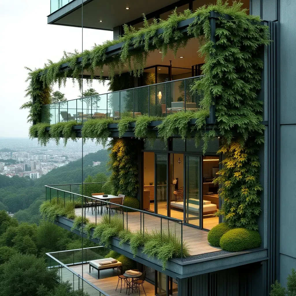 a photo of a modern glass balcony featuring green vertical gardens for privacy