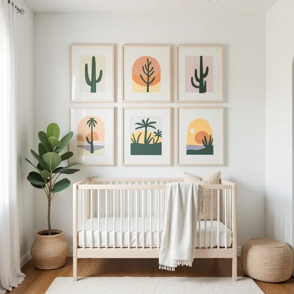 a photo of a nursery showcasing a wall of colorful Mediterranean-inspired art