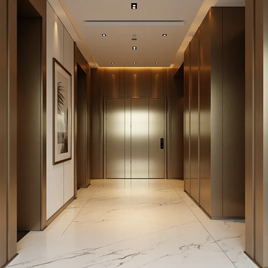 a photo of an entrance hall with a mix of metallic finishes