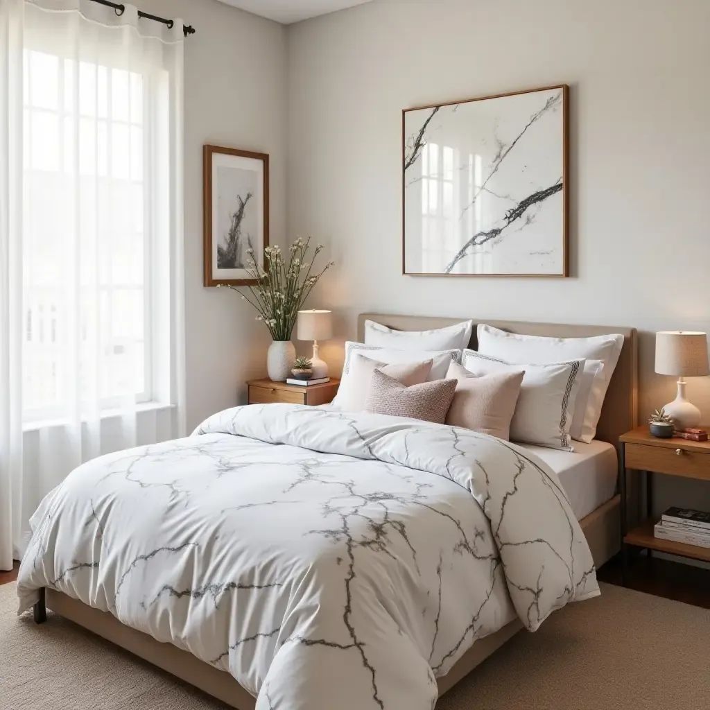 a photo of a cozy teen bedroom with marble-patterned bedding and decor