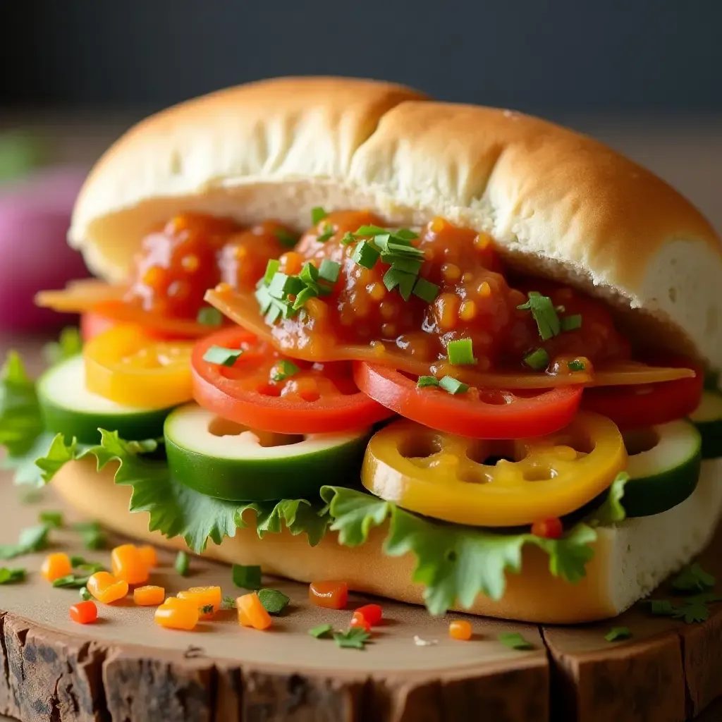 a photo of colorful Vietnamese vegetarian banh mi with pickled vegetables and chili sauce