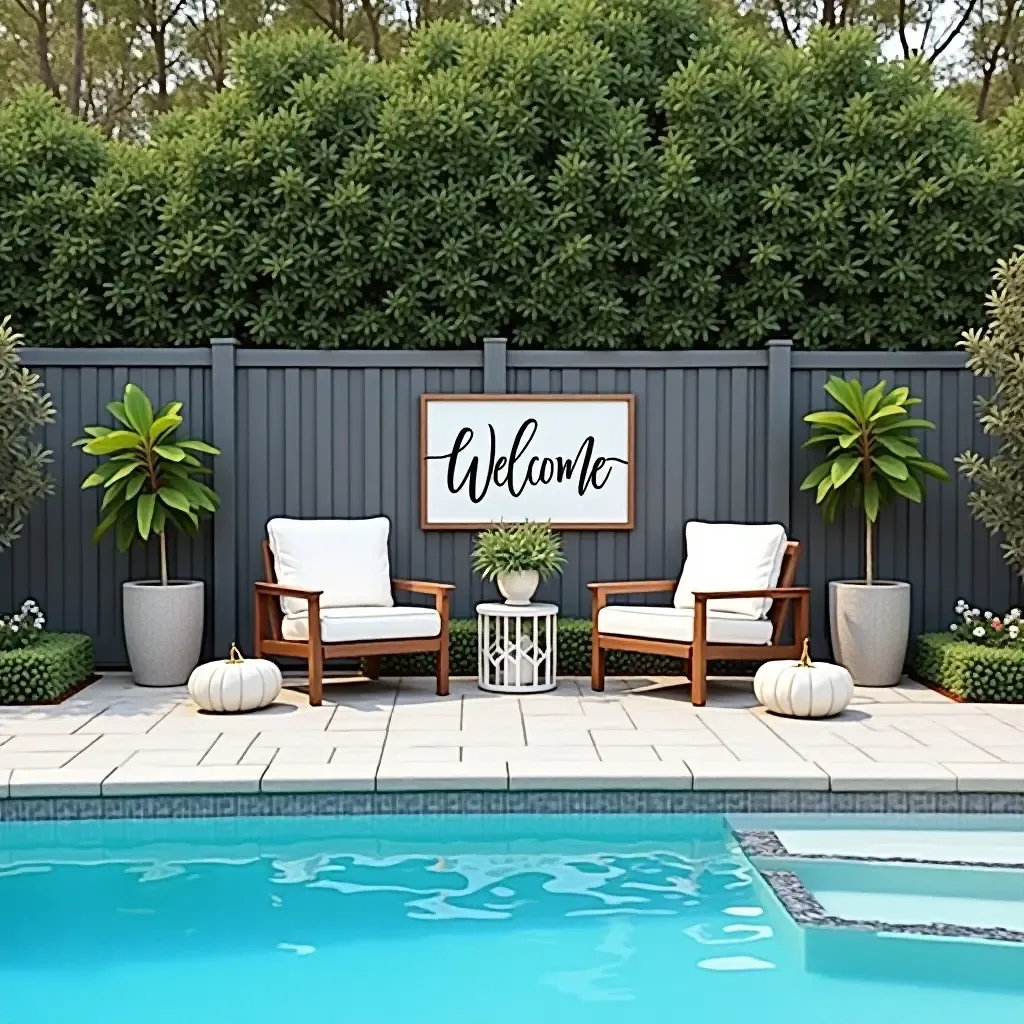 a photo of a welcoming pool area featuring a farmhouse-style sign and decorative accents