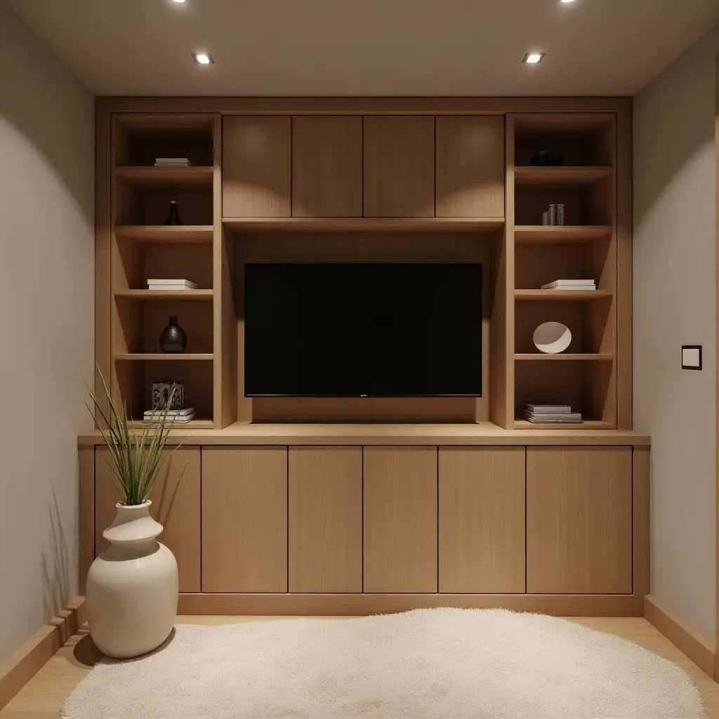 a photo of a chic basement with a built-in storage unit