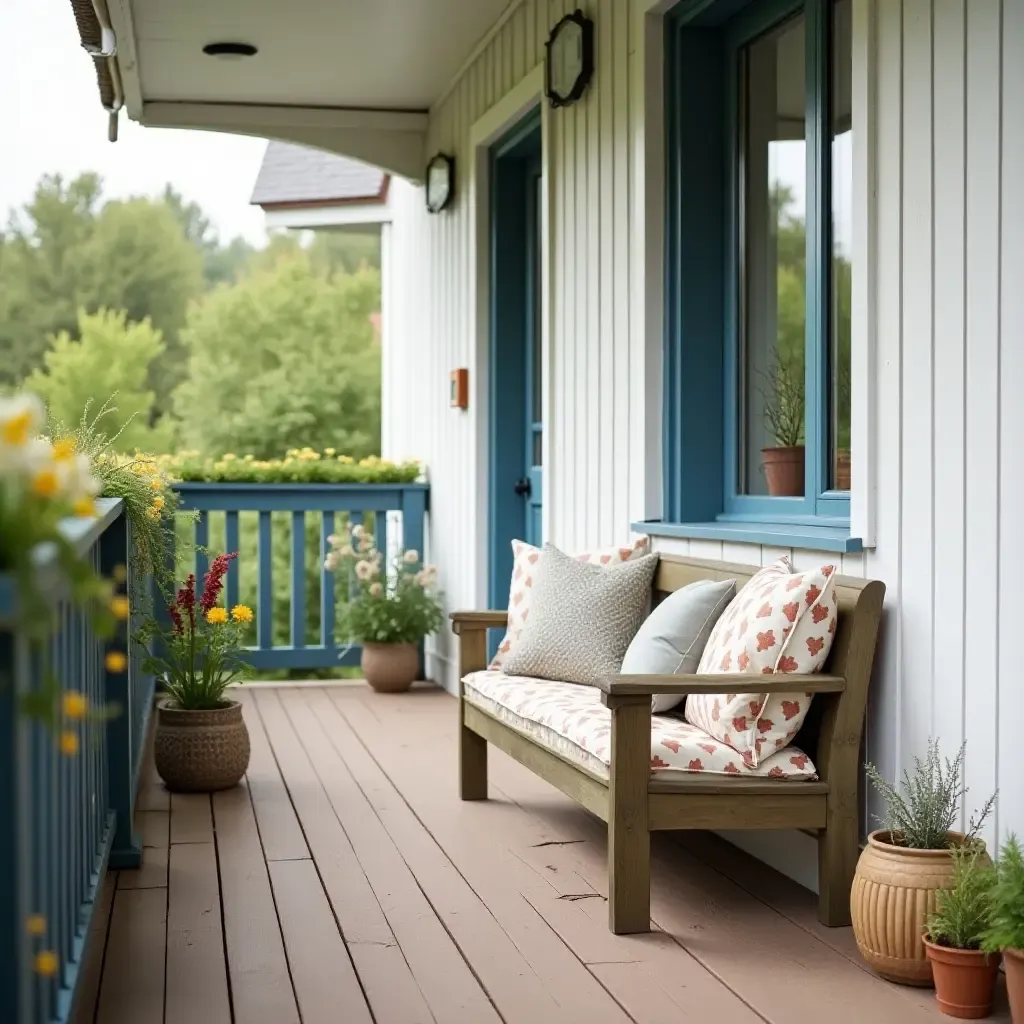 a photo of a balcony showcasing a painted wooden bench with cushions