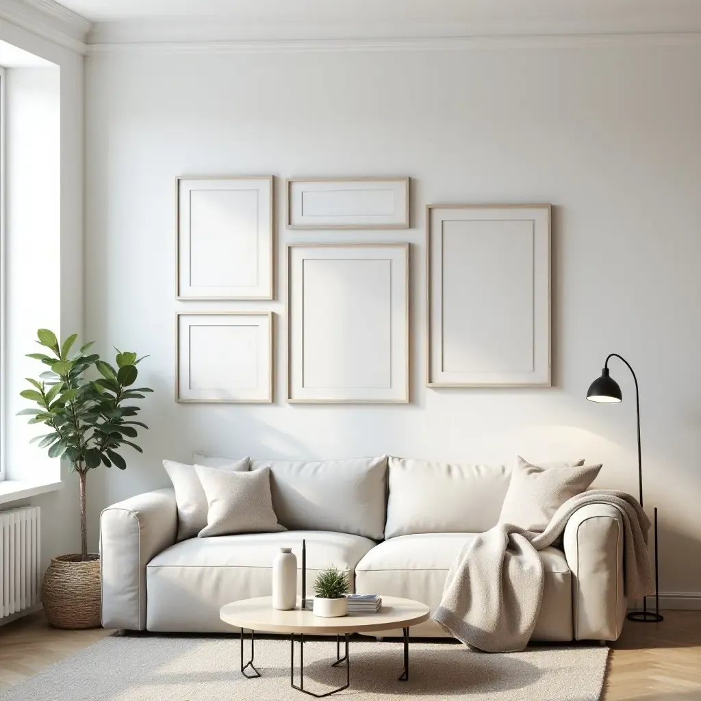 a photo of a light Scandinavian living room with a gallery wall of framed art