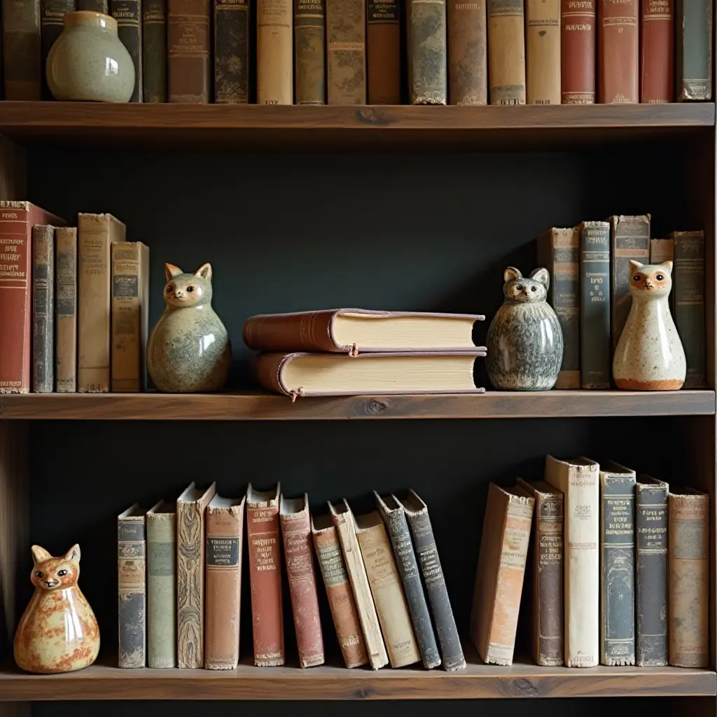 a photo of a bookshelf styled with vintage books and ceramic figurines