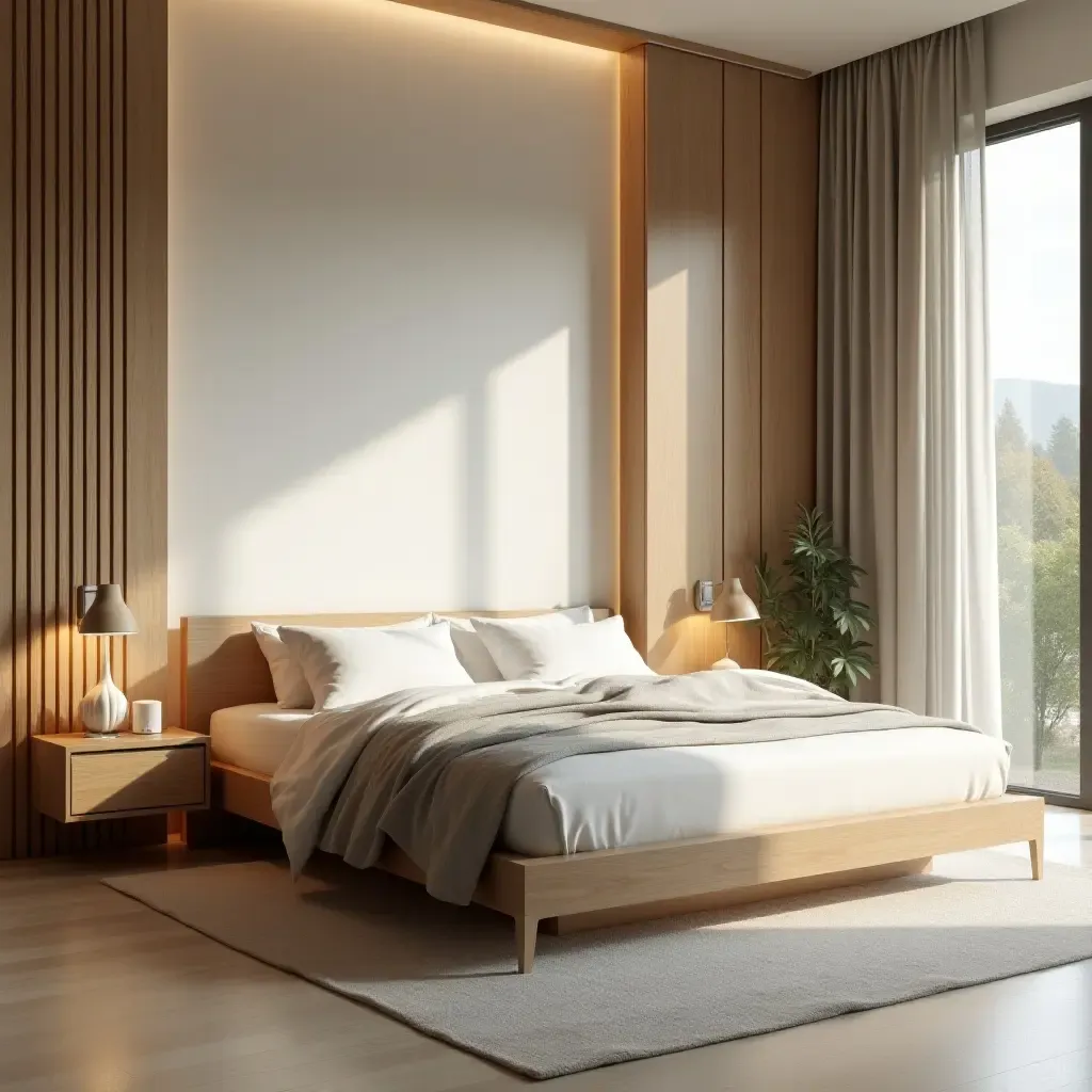 a photo of a tranquil bedroom with a low bed and natural wood accents