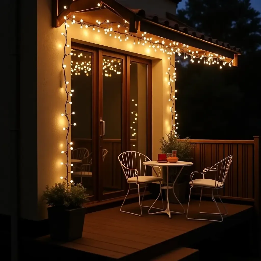 a photo of a chic balcony with a stylish bistro set and fairy lights