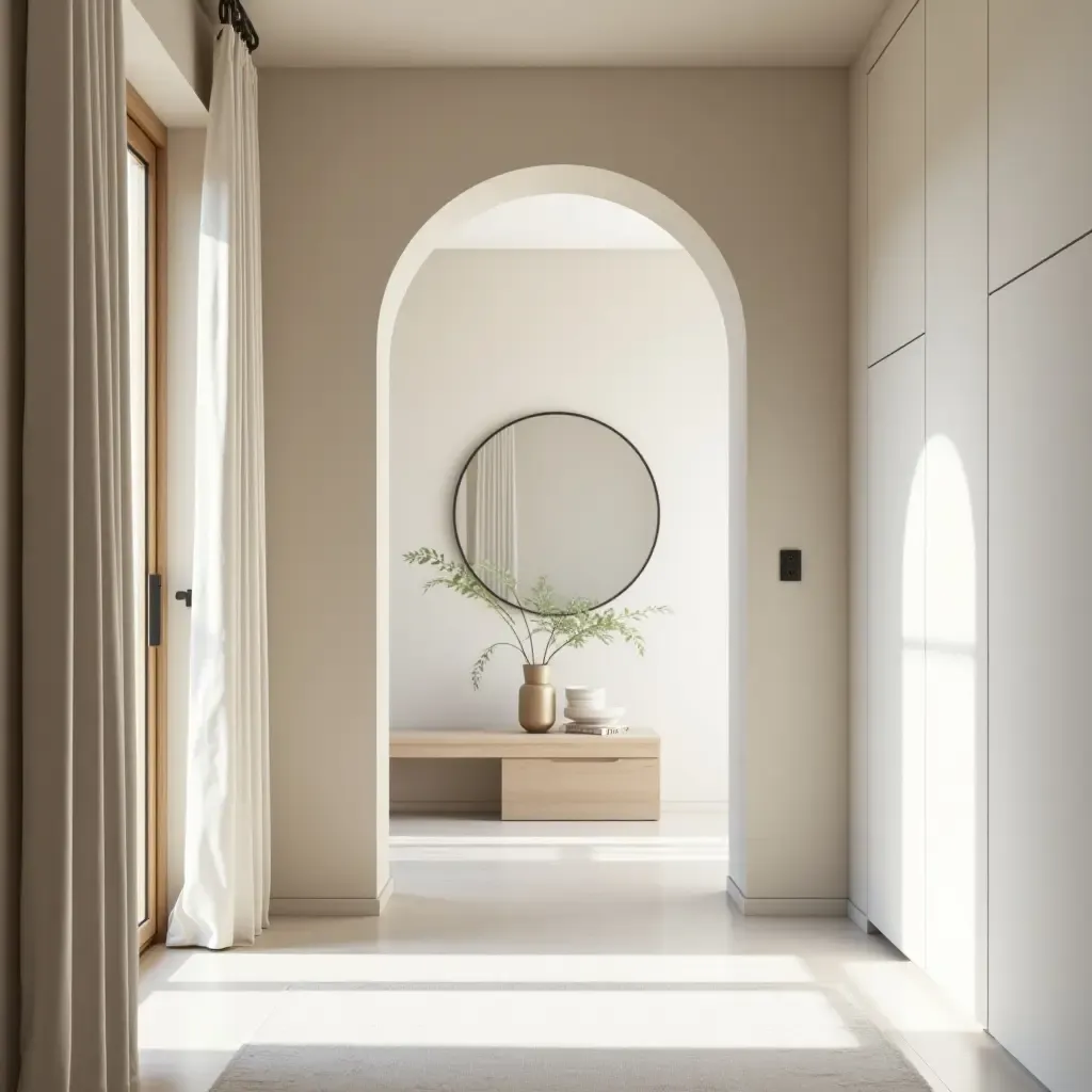 a photo of a serene entrance hall with calming fabric, light wood, and soft metal touches