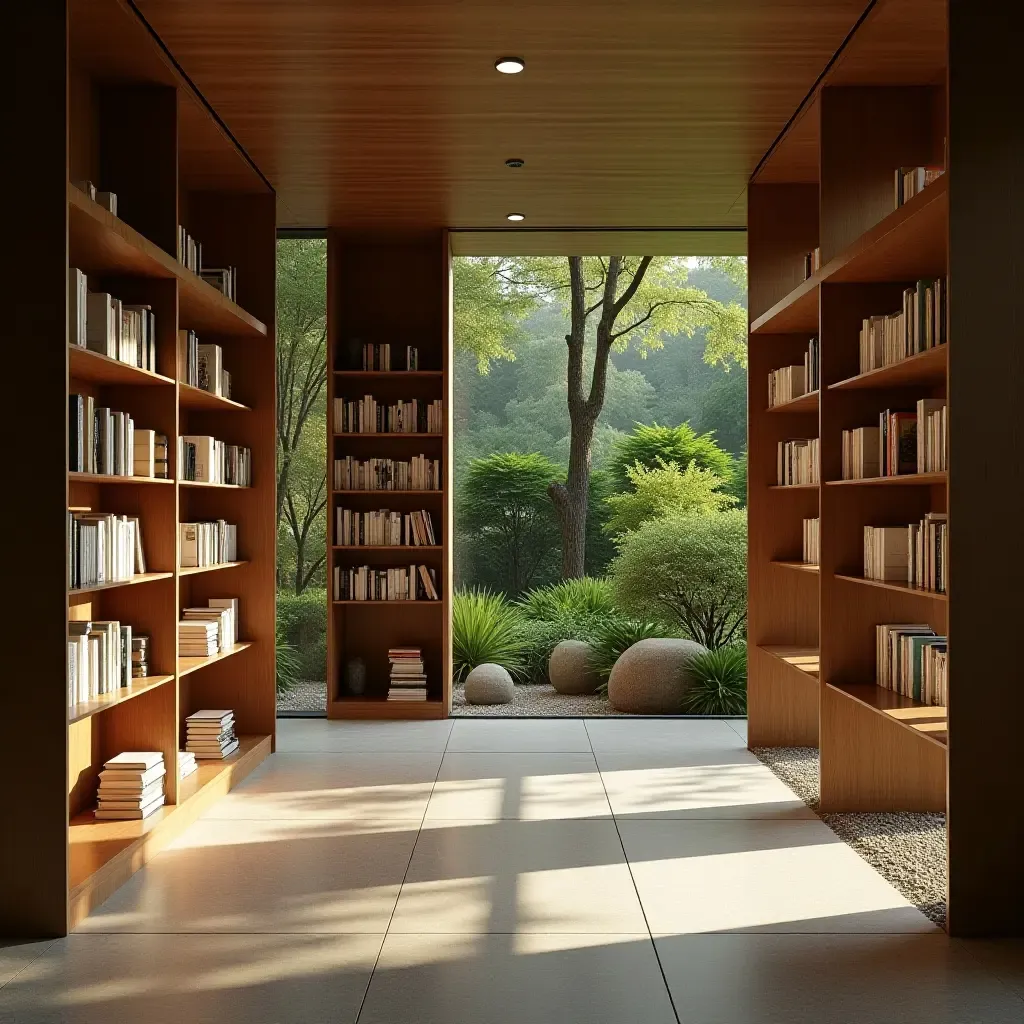 a photo of a serene library featuring a zen garden and reading spots