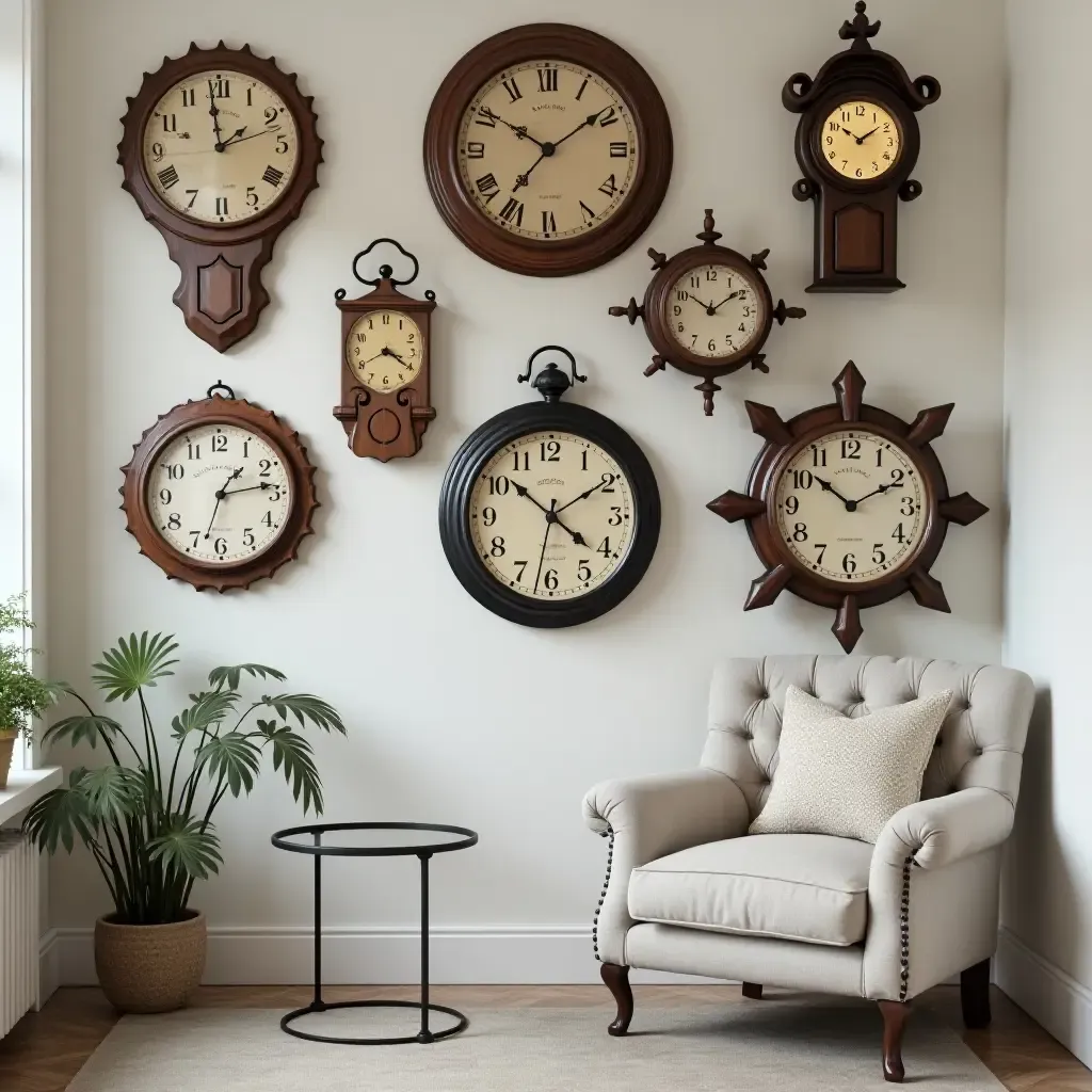 a photo of a gallery wall displaying a collection of unique clocks