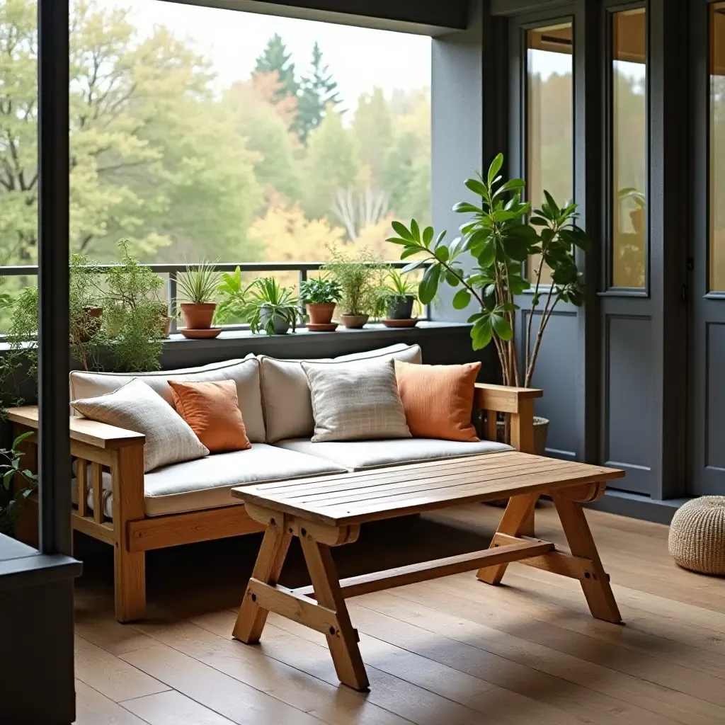 a photo of a balcony with a picnic table and decorative pillows