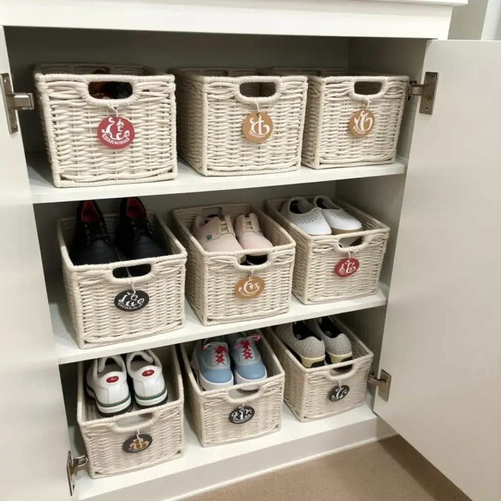 a photo of a DIY shoe storage solution using baskets and labels