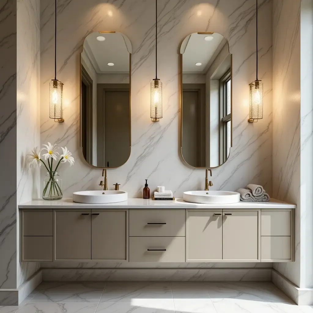 a photo of a luxurious bathroom with crystal pendant lights above a double vanity