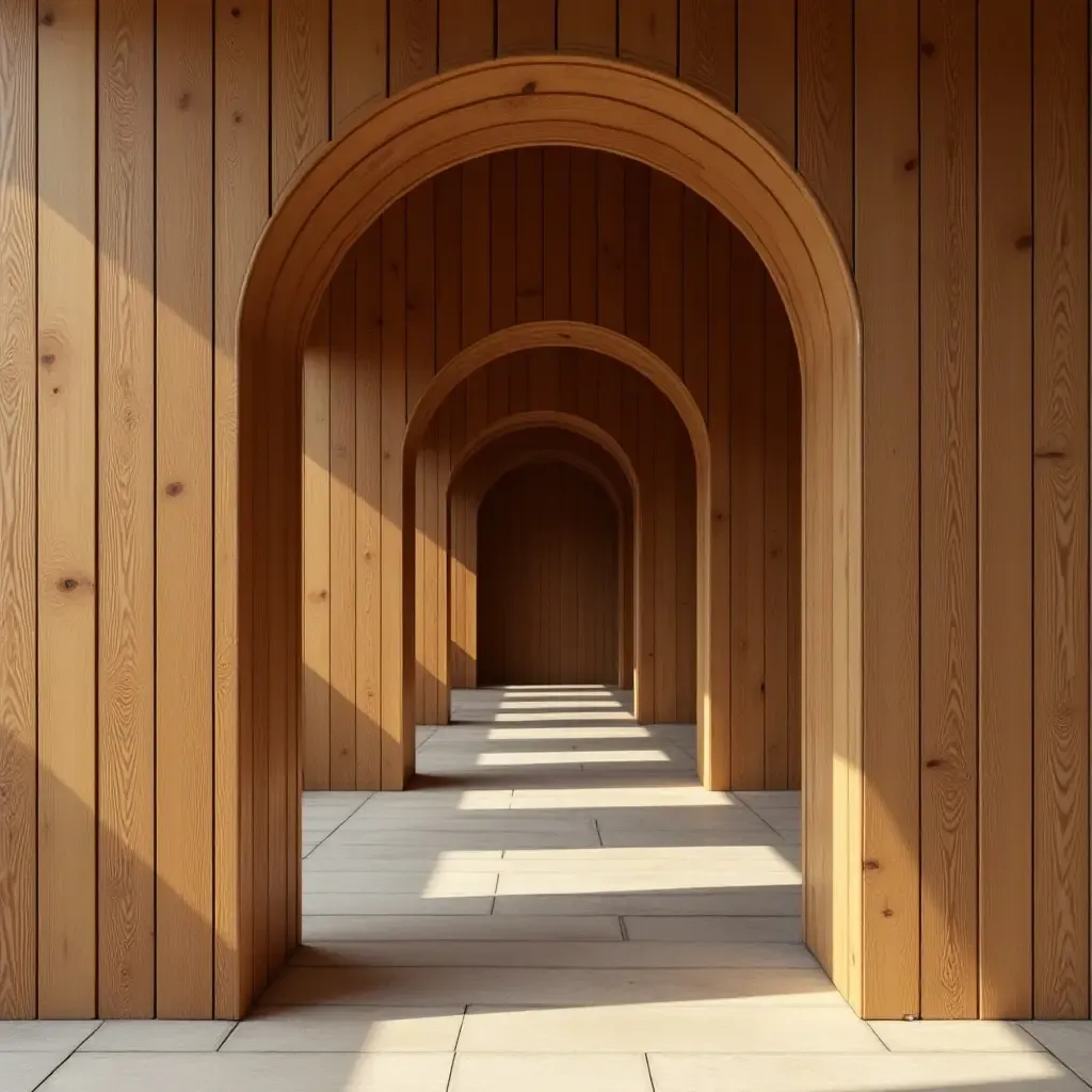 a photo of a wooden archway leading into a corridor