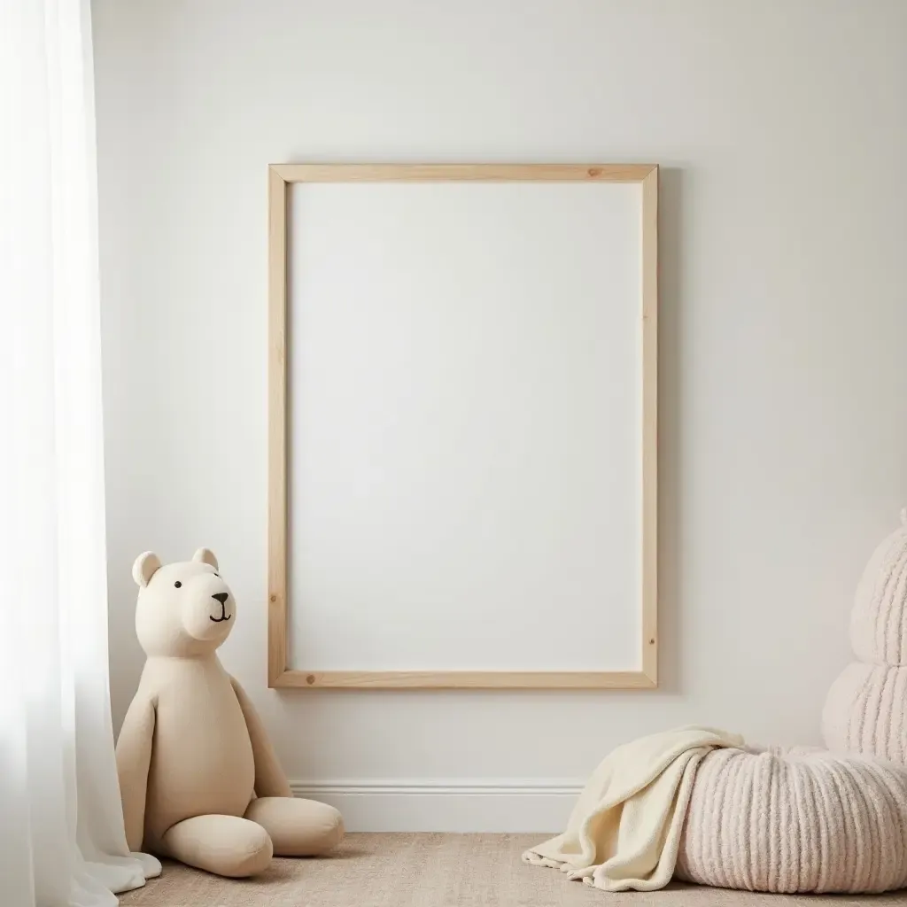 a photo of a charming kids&#x27; bedroom with wooden picture frames