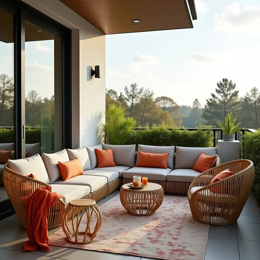 a photo of a cozy balcony with modern wicker furniture and colorful cushions