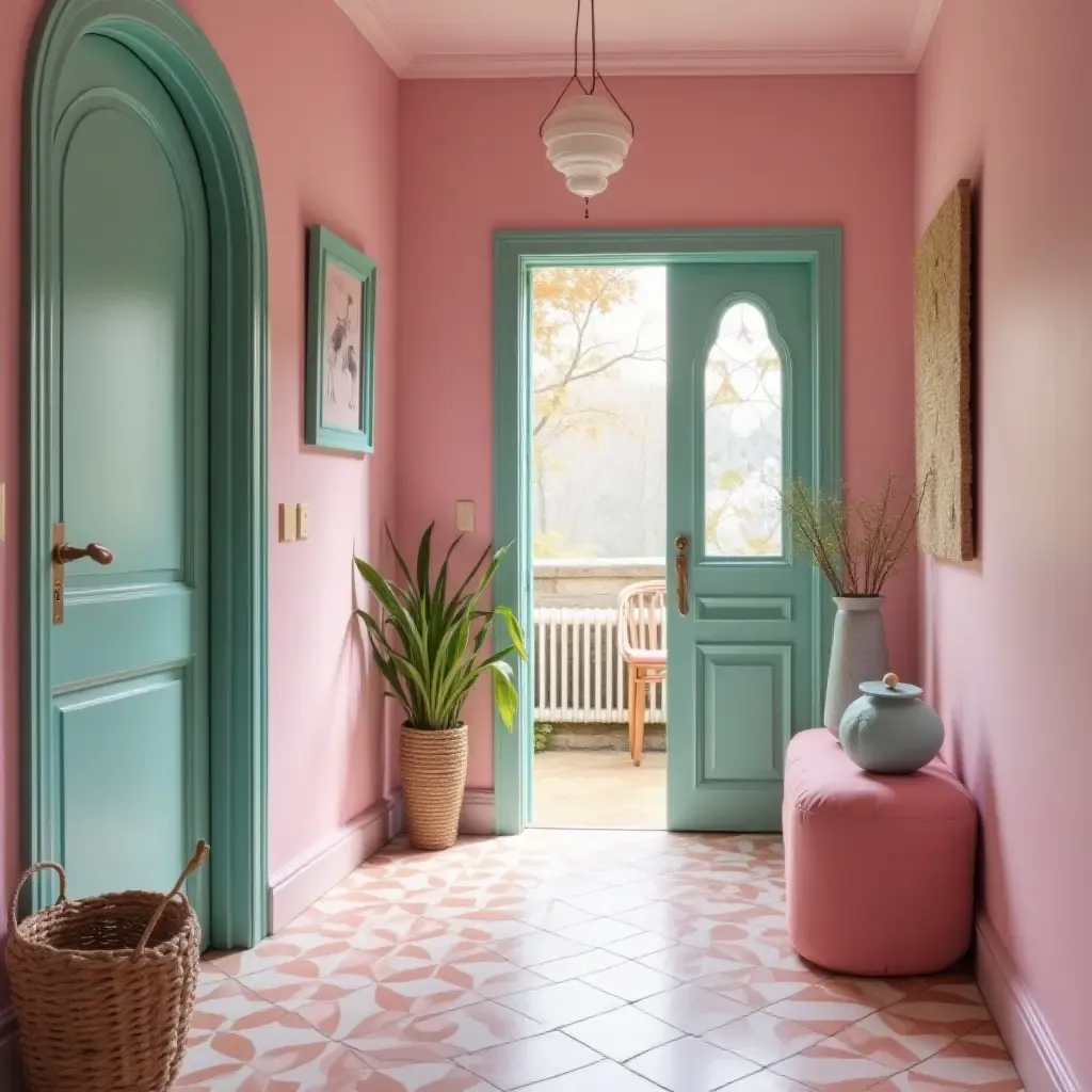 a photo of a playful pink and teal entrance hall with quirky decorations