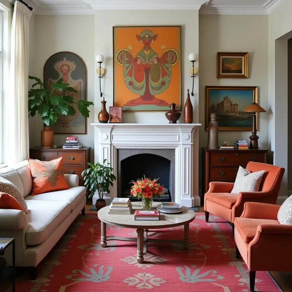 a photo of a colorful eclectic living room filled with unique finds