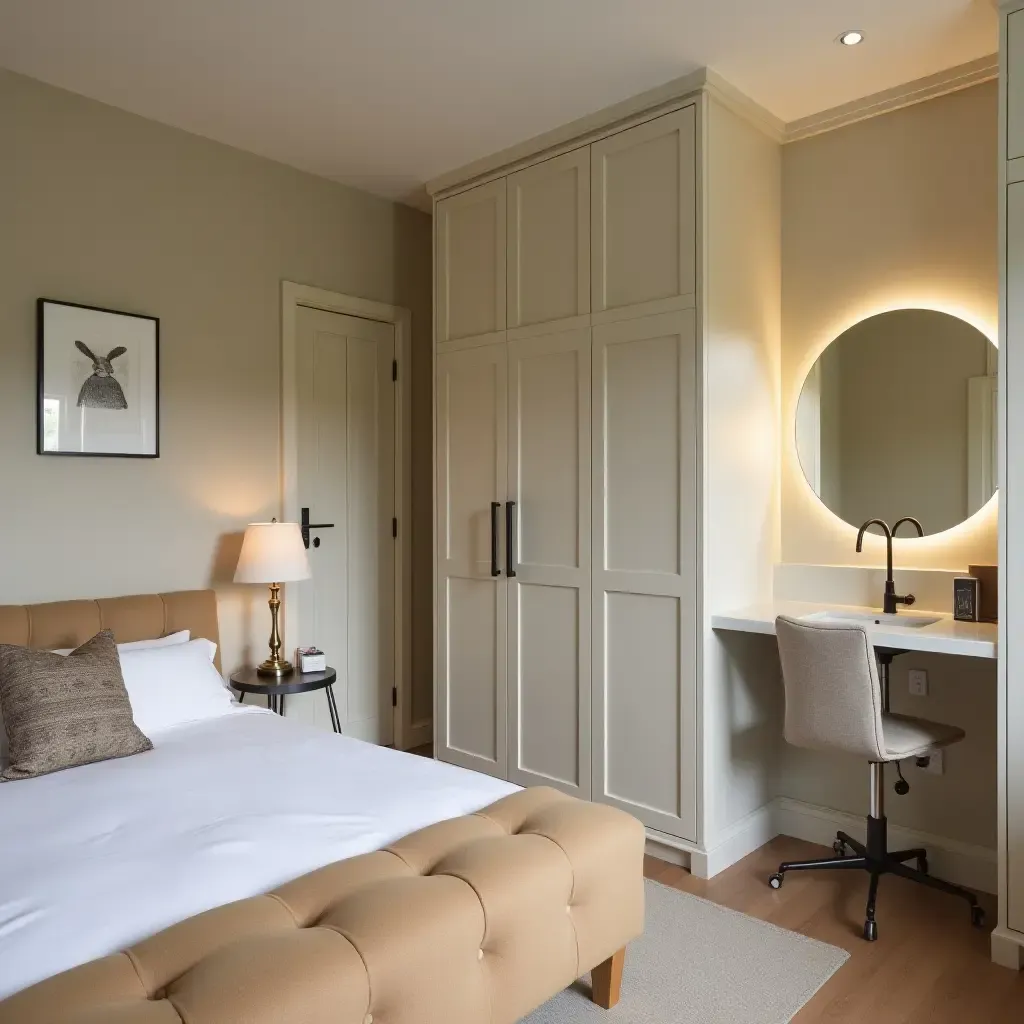 a photo of a shared bedroom with built-in wardrobes and a shared vanity area