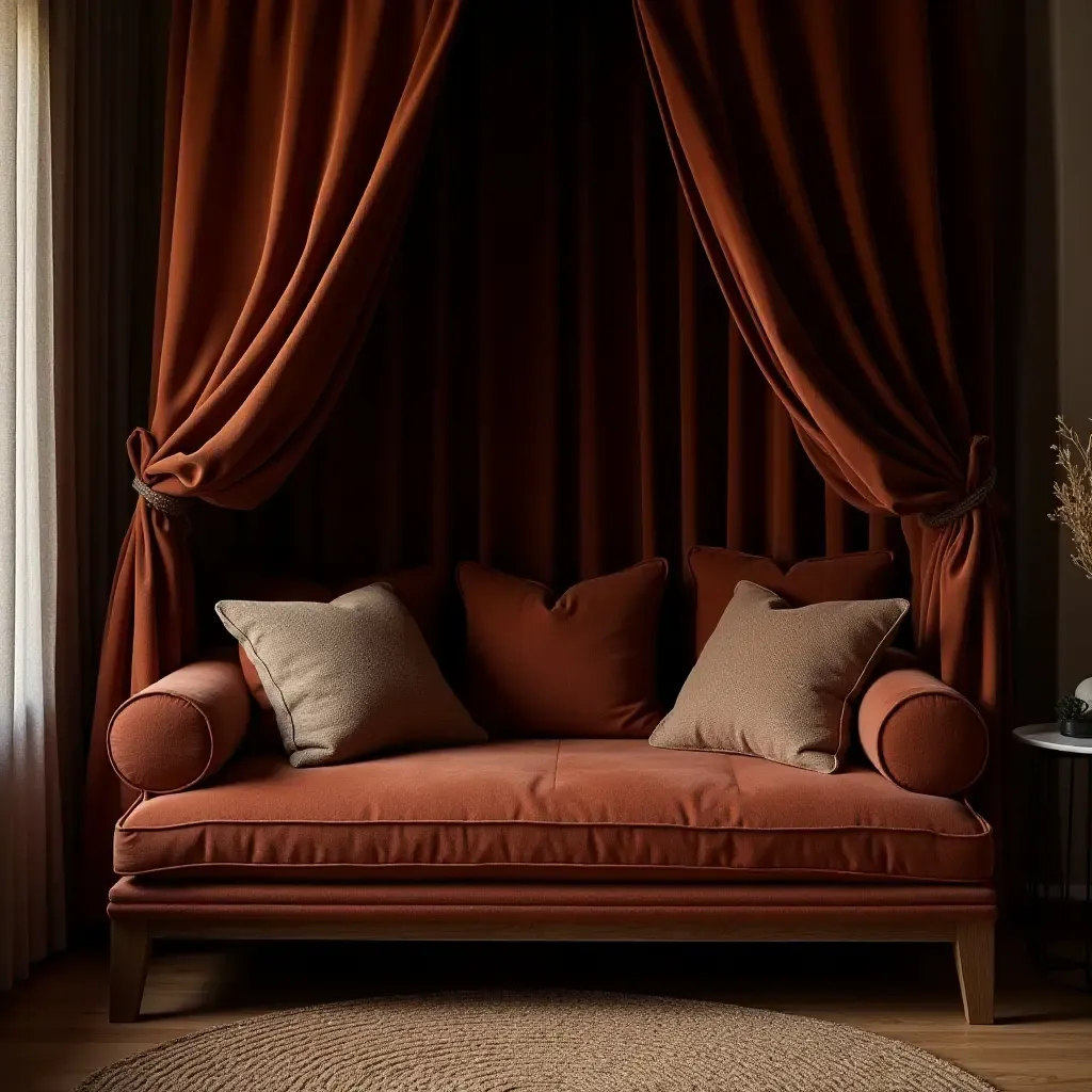 a photo of a cozy reading nook with a dark canopy and rich textiles