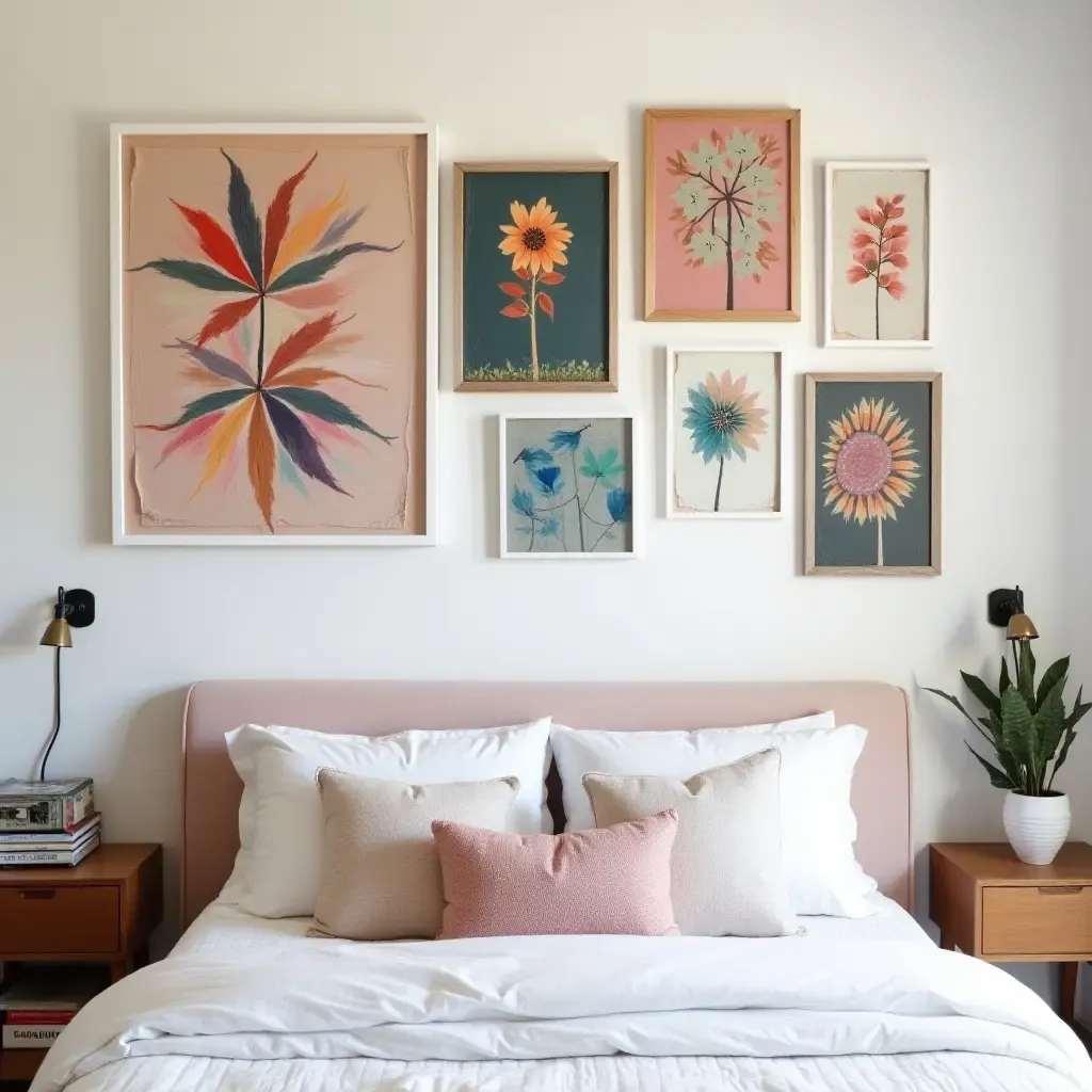 a photo of a mixed media gallery wall featuring paintings and fabric art in a creative teen&#x27;s bedroom