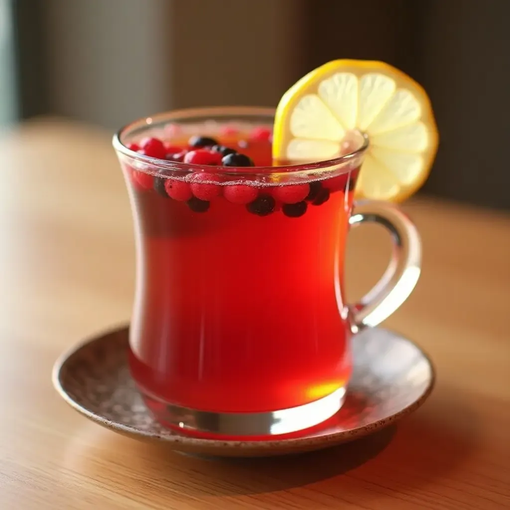 a photo of a cup of omija tea, a five-flavor berry drink, with a slice of lemon.