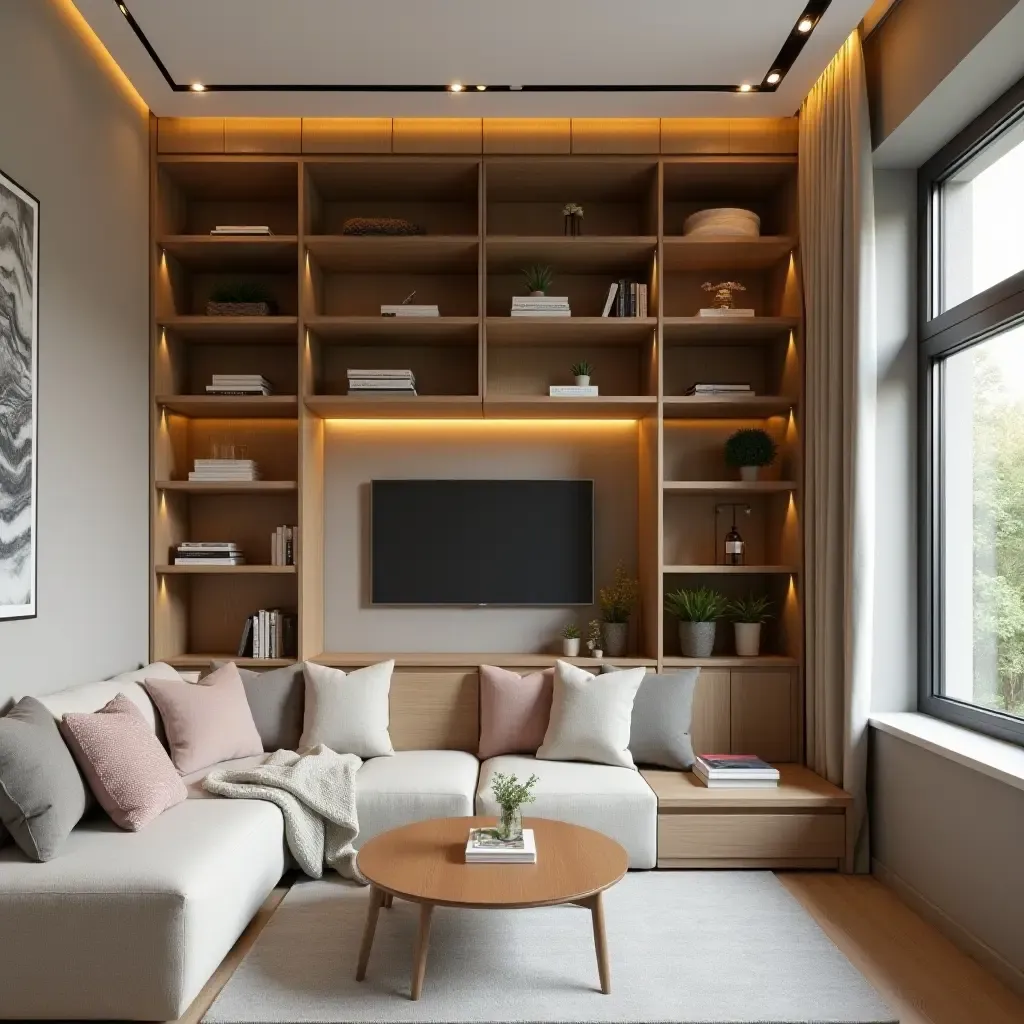 a photo of a cozy lounge area with practical storage options